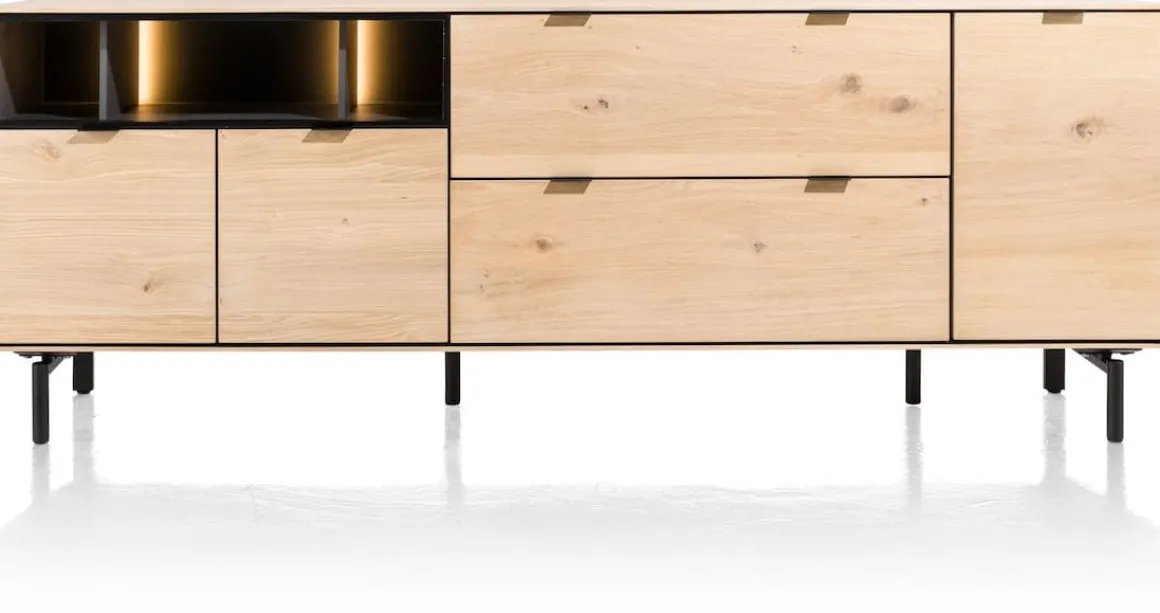 Elements, dressoir 210 cm. - 3-deuren + 2-laden + 3-niches + led incl. metalen poten - natural