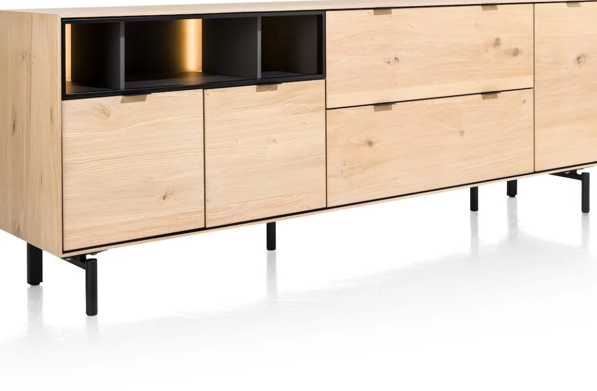 Elements, dressoir 210 cm. - 3-deuren + 2-laden + 3-niches + led incl. metalen poten - natural
