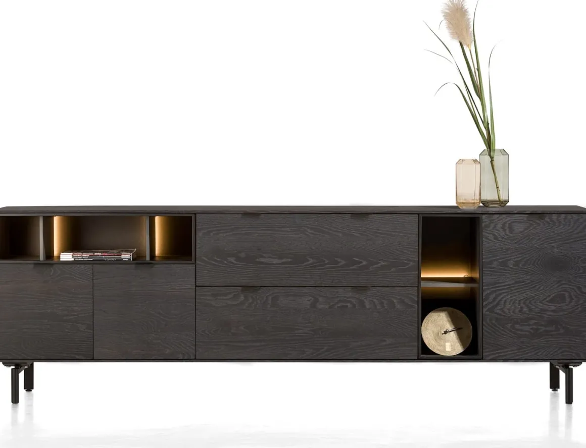 Elements, dressoir 240 cm. - 3-deuren + 2-laden + 5-niches + led incl. metalen poten - Onyx