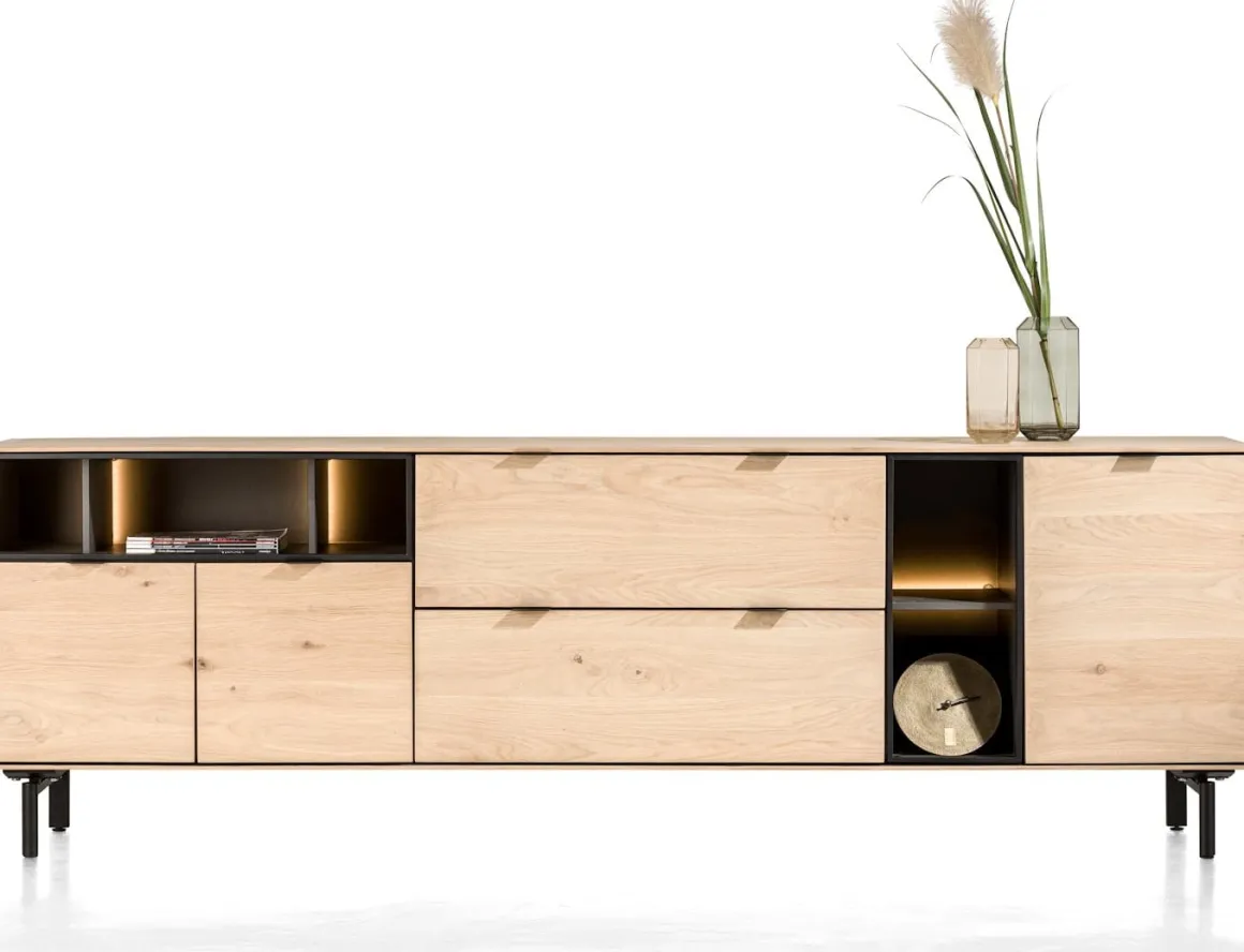 Elements, dressoir 240 cm. - 3-deuren + 2-laden + 5-niches + led incl. metalen poten - natural
