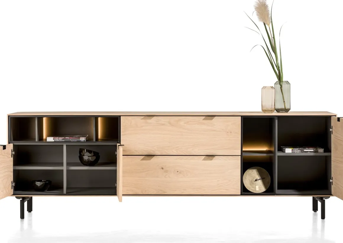 Elements, dressoir 240 cm. - 3-deuren + 2-laden + 5-niches + led incl. metalen poten - natural
