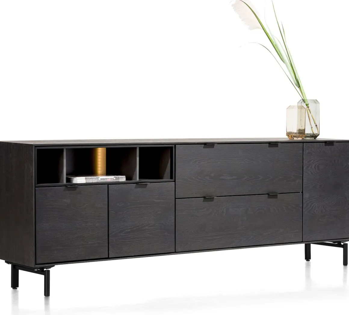 Elements, dressoir 210 cm. - 3-deuren + 2-laden + 3-niches + led incl. metalen poten - Onyx