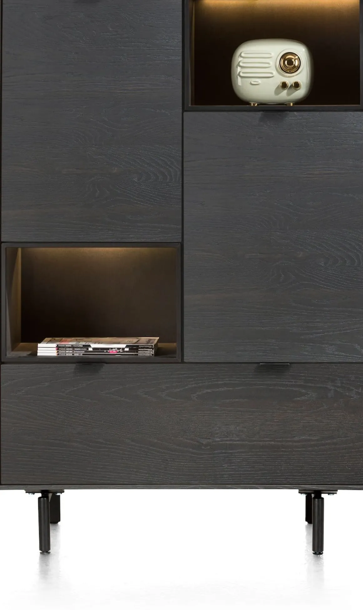 Elements, highboard 90 cm. - 2-deuren + 1-lade + 2-niches + led incl. metalen poten - Onyx