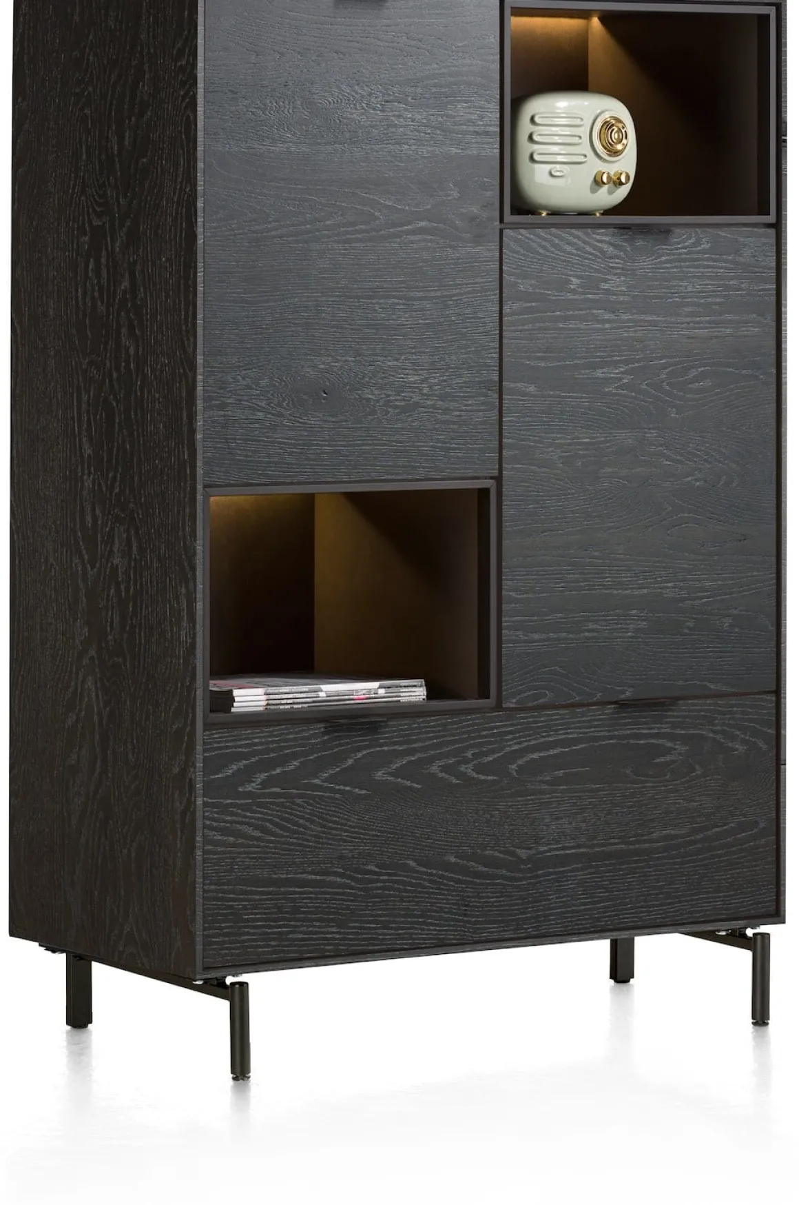 Elements, highboard 90 cm. - 2-deuren + 1-lade + 2-niches + led incl. metalen poten - Onyx
