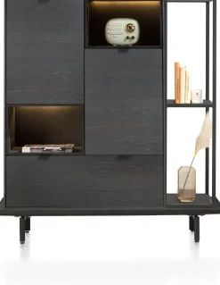 Elements, Highboard Onyx 90 cm + boekenkast 30 x 120 cm + platform 130 cm met 2 metalen poten