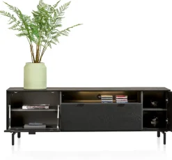 Elements, lowboard 180 cm. - hang + 1-deur + 1-lade + klep + 1-niche + led incl. metalen poten - Onyx