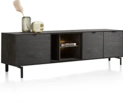 Elements, lowboard 210 cm. - hang + 2-deuren + klep + 3-niches + led incl. metalen poten - Onyx