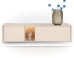 Trentino, Lowboard 180 cm. - 1-deur + 2-laden + 1-niche - mdf gelakt - Creme