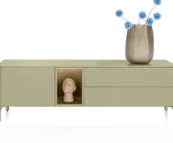 Trentino, Lowboard 180 cm. - 1-deur + 2-laden + 1-niche - mdf gelakt - Olijf